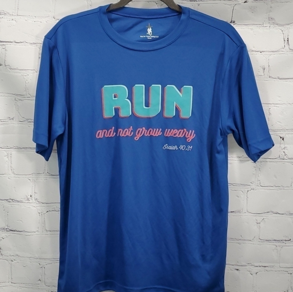 NWOT "Run and not grow weary" Isaiah 40:31 T-Shirt, Dri-Fit Athletic Material